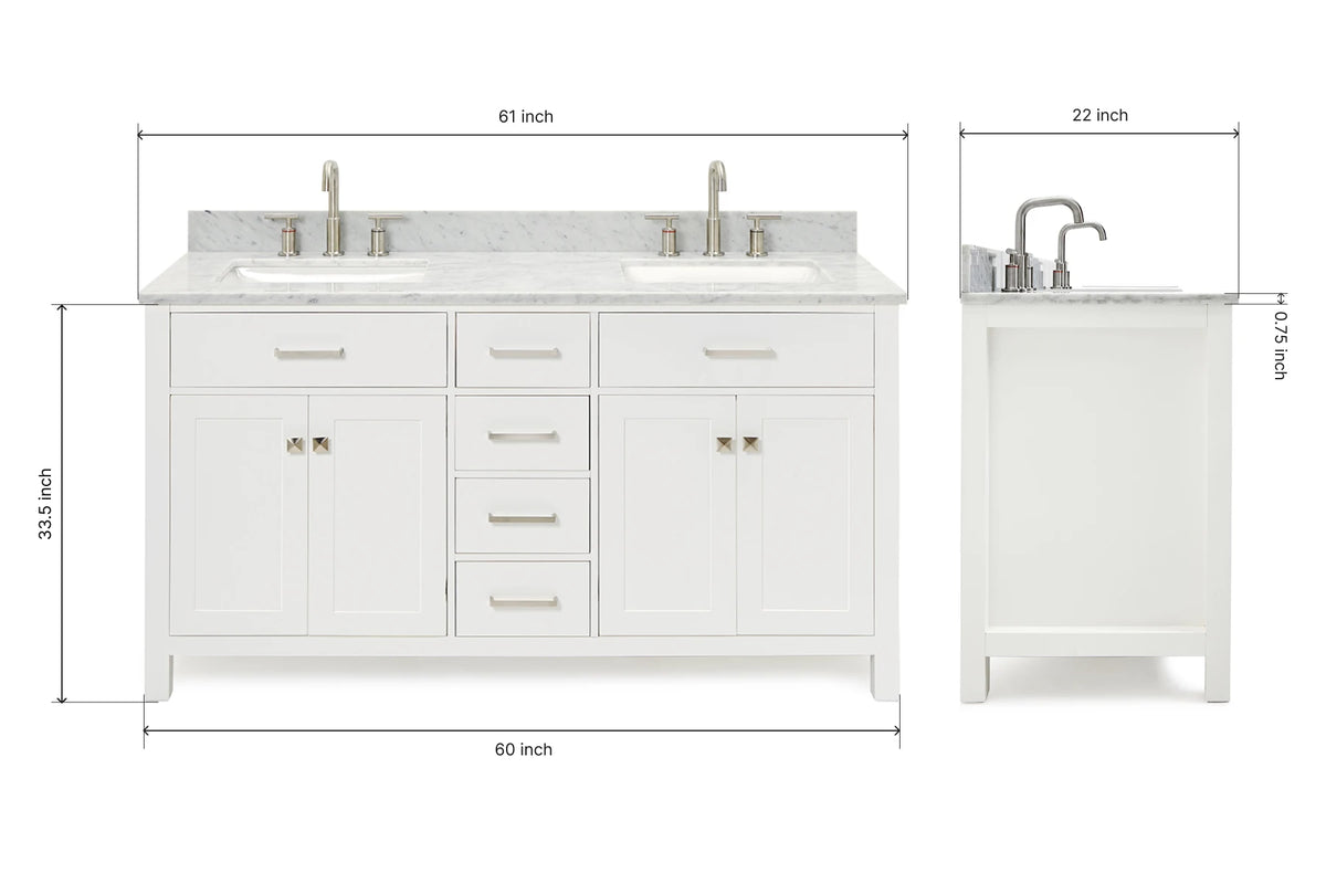 Ariel bristol 61 in. double rectangle sink vanity with 0.75 in. carrara white marble countertop in grey
