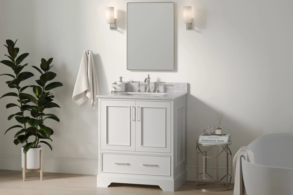 Ariel stafford 30.5 in. single rectangle sink vanity with carrara white marble countertop w/0.75" edge in white
