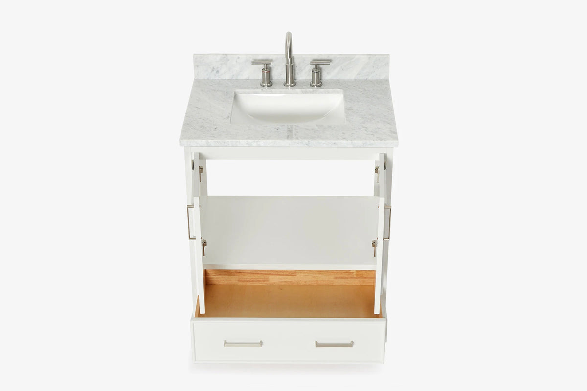 Ariel stafford 30.5 in. single rectangle sink vanity with carrara white marble countertop w/0.75" edge in white