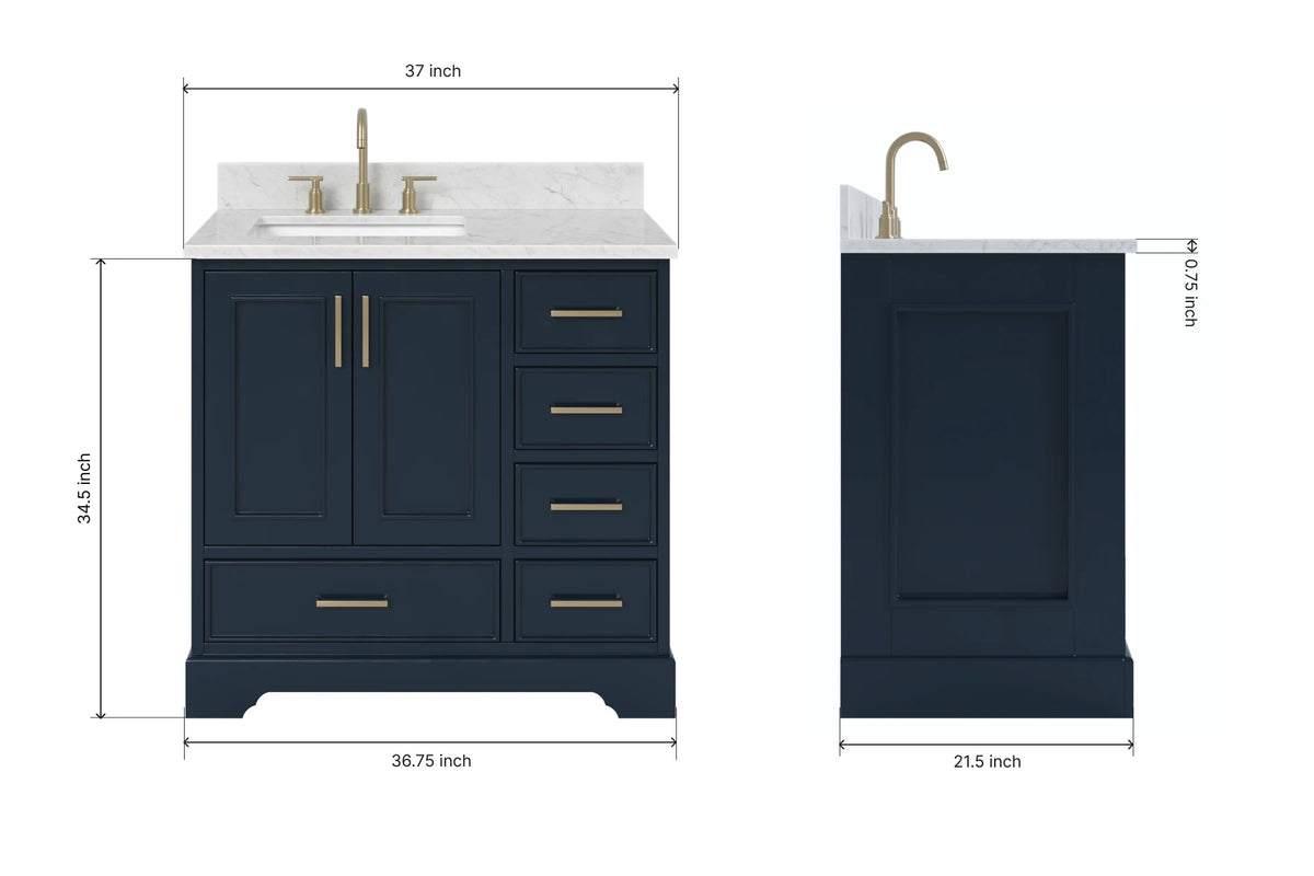 Ariel stafford 37 inch single left offset rectangle sink vanity with carrara white marble countertop w/0.75" edge in midnight blue