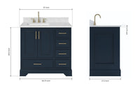 Ariel stafford 37 inch single left offset rectangle sink vanity with carrara white marble countertop w/0.75" edge in midnight blue