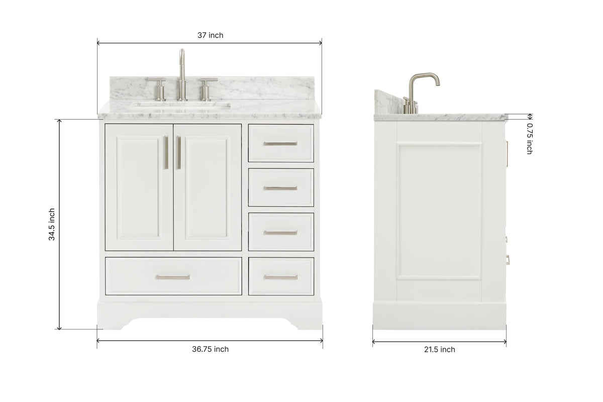 Ariel stafford 37 inch single left offset rectangle sink vanity with carrara white marble countertop w/0.75" edge in midnight blue