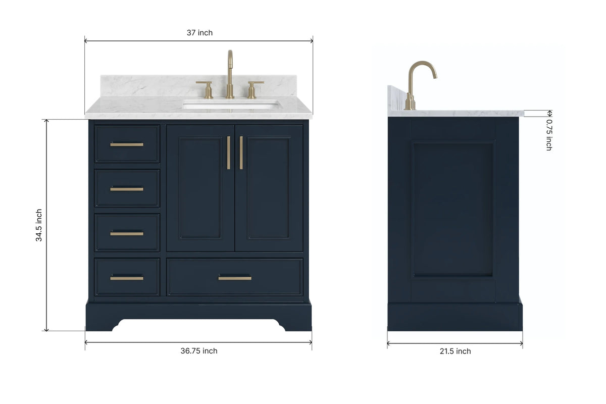Ariel stafford 37 inch single right offset rectangle sink vanity with carrara white marble countertop w/0.75" edge in white