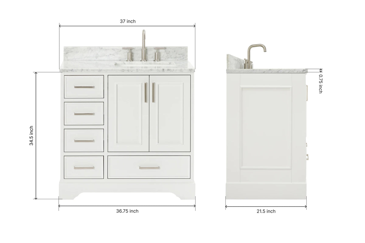 Ariel stafford 37 inch single right offset rectangle sink vanity with carrara white marble countertop w/0.75" edge in white