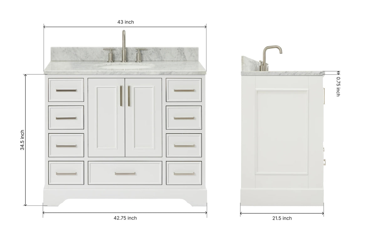 Skip to the beginning of the images gallery Ariel stafford 43 inch single oval sink vanity with carrara white marble countertop w/0.75" edge in white