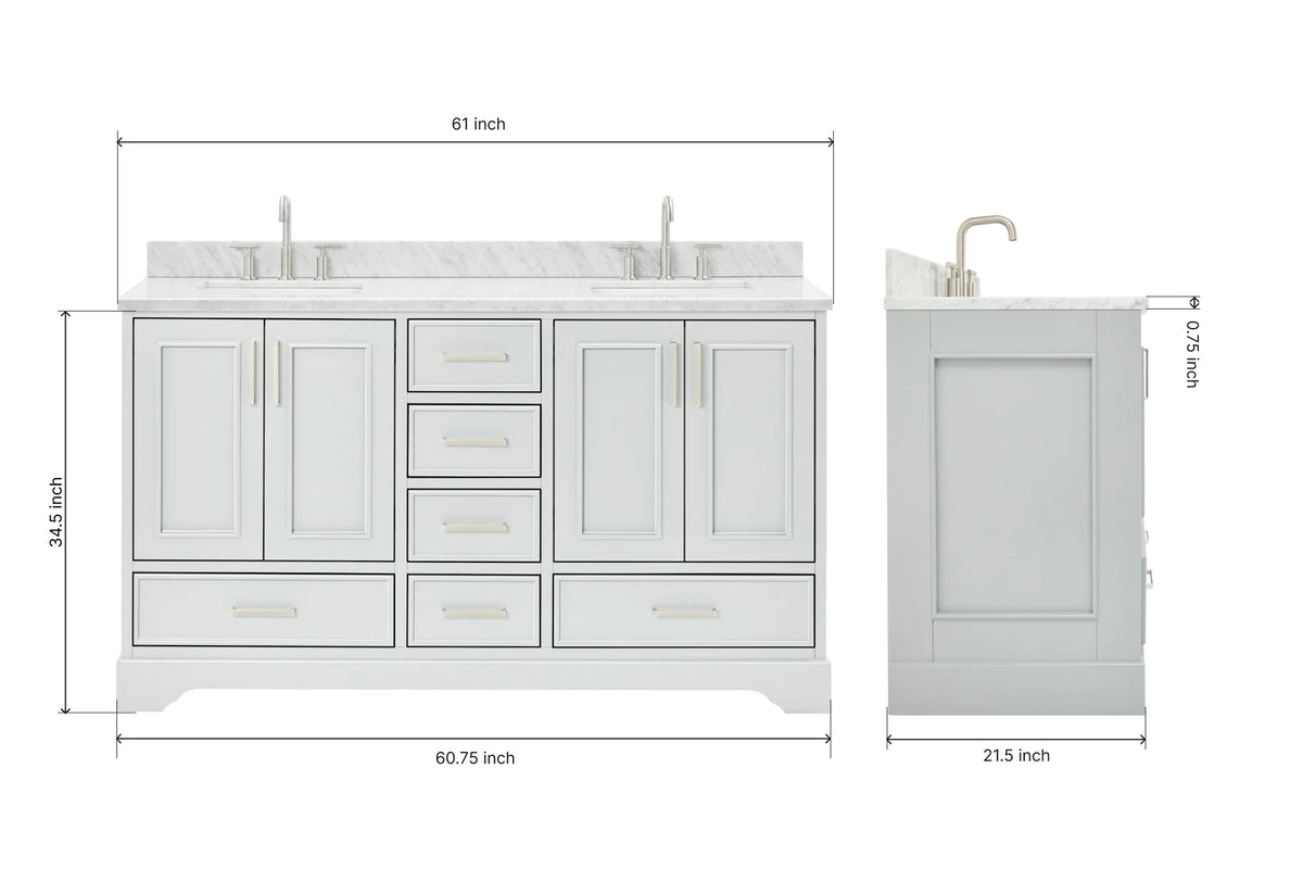 Ariel stafford 61 inch double rectangle sink vanity with carrara white marble countertop w/0.75" edge in white