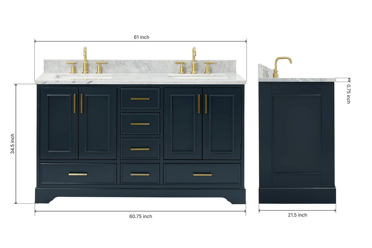 Ariel stafford 61 inch double rectangle sink vanity with carrara white marble countertop w/0.75" edge in white