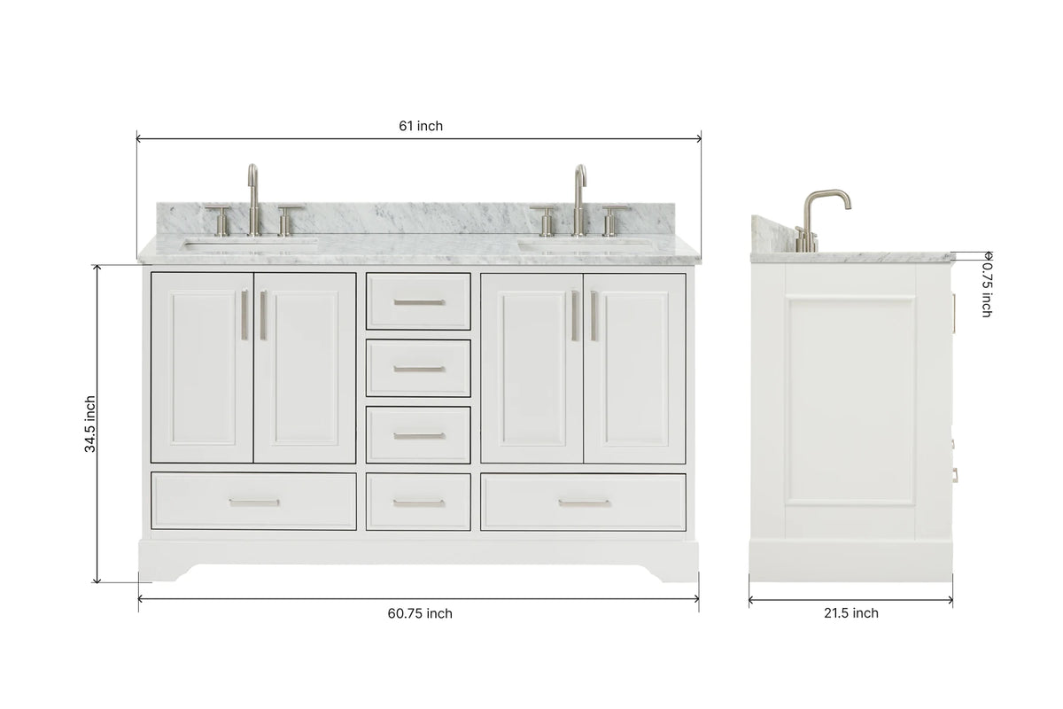 Ariel stafford 61 inch double rectangle sink vanity with carrara white marble countertop w/0.75" edge in white
