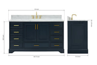Ariel stafford 61 inch single oval sink vanity with carrara white marble countertop w/0.75" edge in midnight blue
