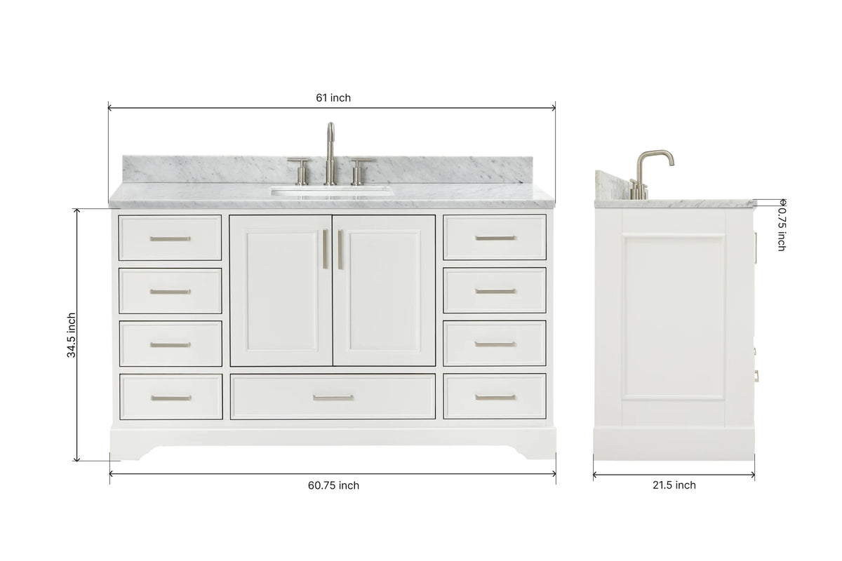 Ariel stafford 61 inch single rectangle sink vanity with carrara white marble countertop w/1.5" edge in white
