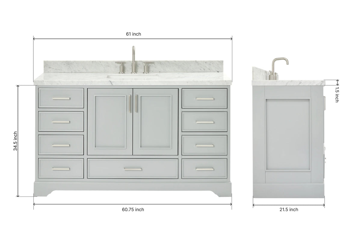 Ariel stafford 61 inch single rectangle sink vanity with carrara white marble countertop w/1.5" edge in white