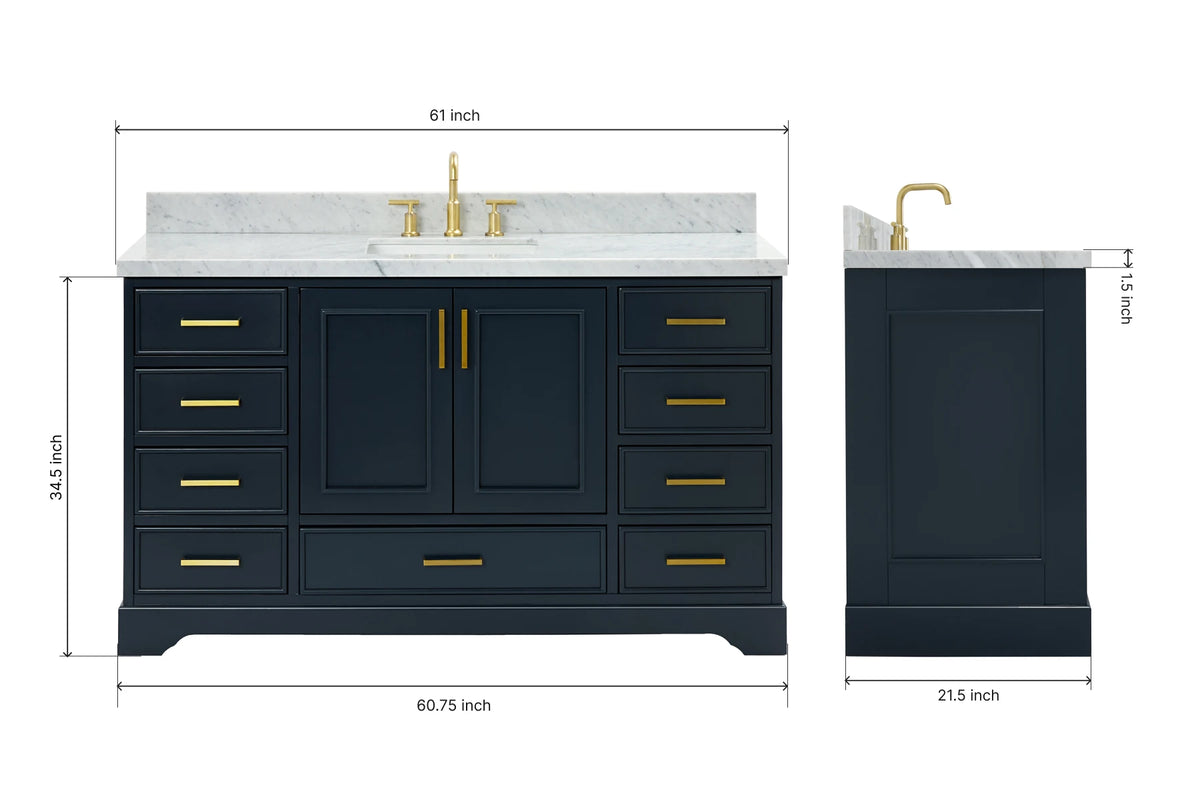 Ariel stafford 61 inch single rectangle sink vanity with carrara white marble countertop w/1.5" edge in white
