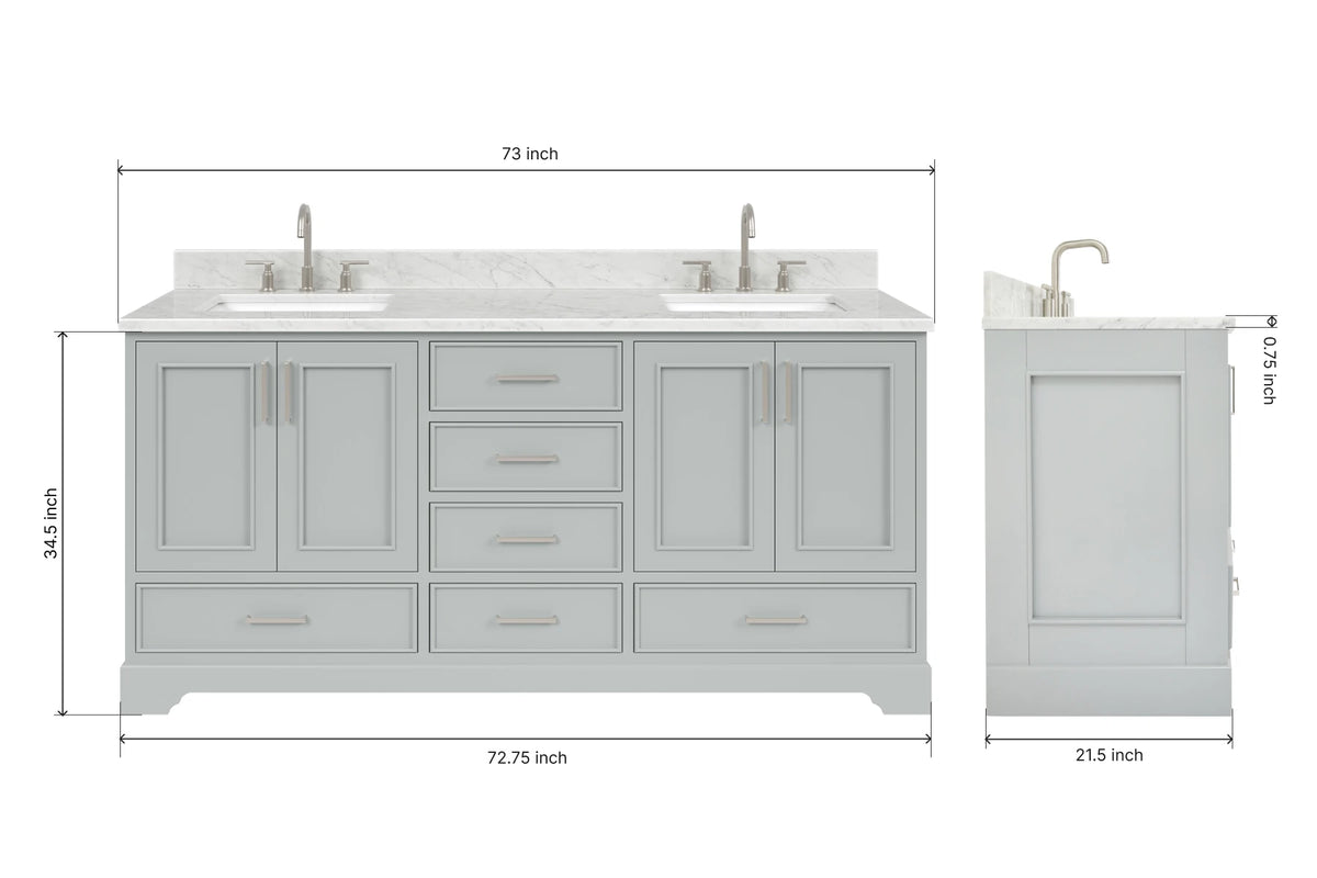 Ariel stafford 73 inch double rectangle sink vanity with carrara white marble countertop w/0.75" edge in white