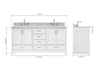 Ariel stafford 73 inch double rectangle sink vanity with carrara white marble countertop w/0.75" edge in white