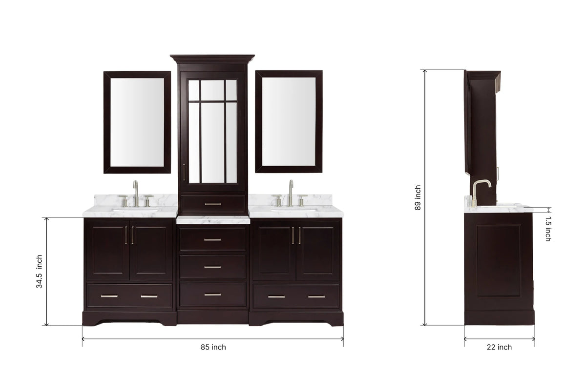 Ariel stafford 85 in. double rectangle sink vanity set with 1.5 in. carrara white marble countertops in white
