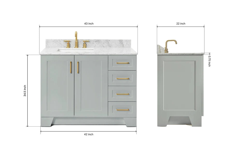 Ariel taylor (42" & 43") left offset single rectangle sink vanity with marble (0.75"& 1.5") countertop.