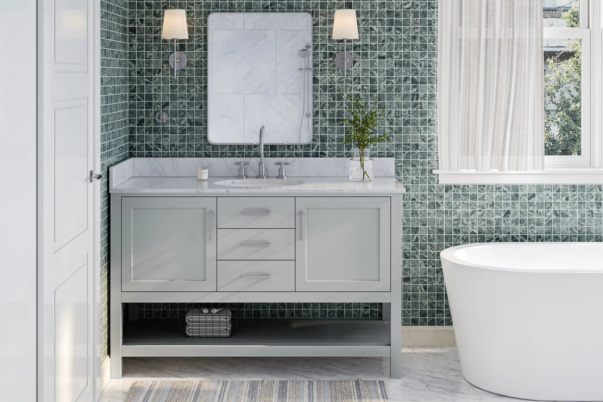 Ariel bayhill 54-55 in. oval sink vanity with carrara white marble (0.75,1.5) countertop
