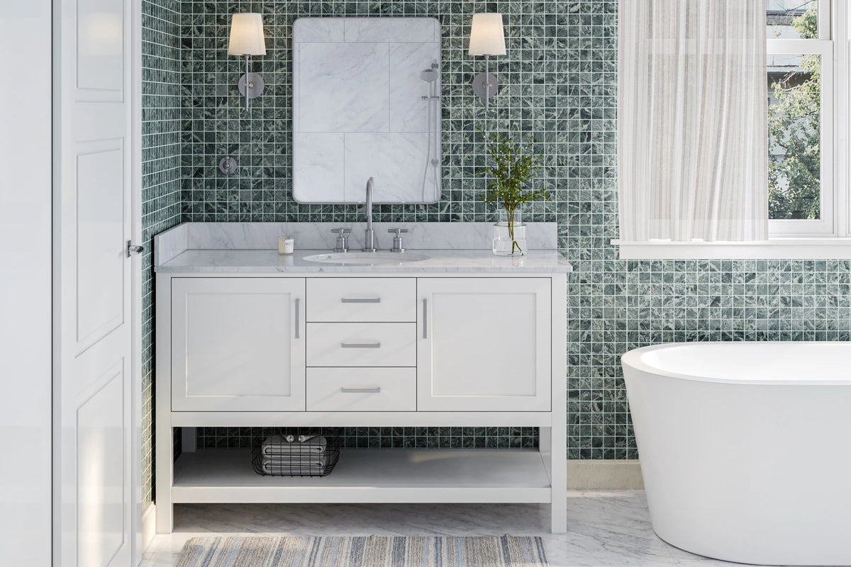 Ariel bayhill 54-55 in. oval sink vanity with carrara white marble (0.75,1.5) countertop