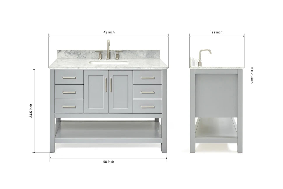 Ariel magnolia 49 in. rectangle sink vanity with 0.75 in. carrara white marble countertop in white