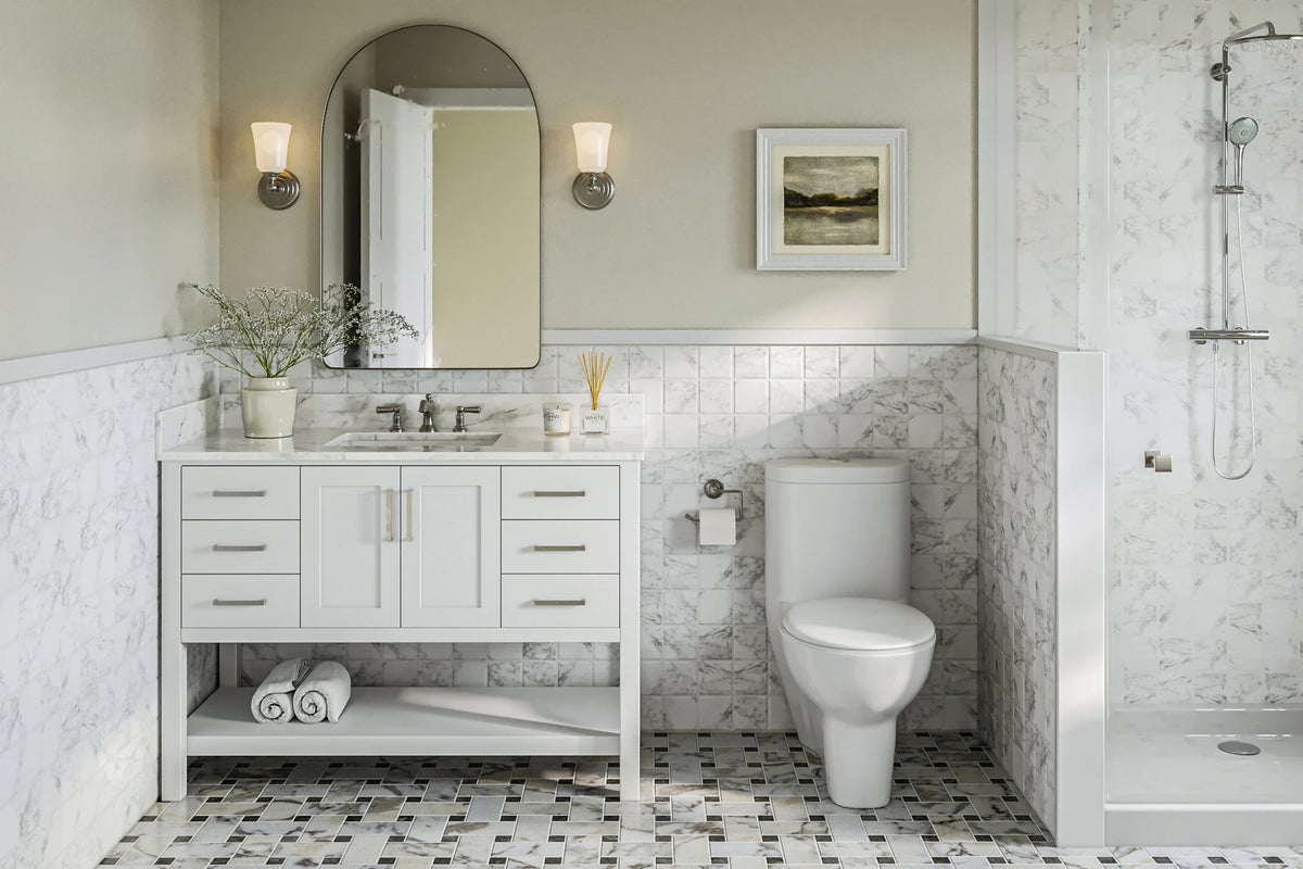 Ariel magnolia 49 in. rectangle sink vanity with 0.75 in. carrara white marble countertop in white