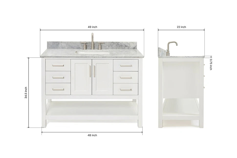 Ariel magnolia 49 in. rectangle sink vanity with 0.75 in. carrara white marble countertop in white
