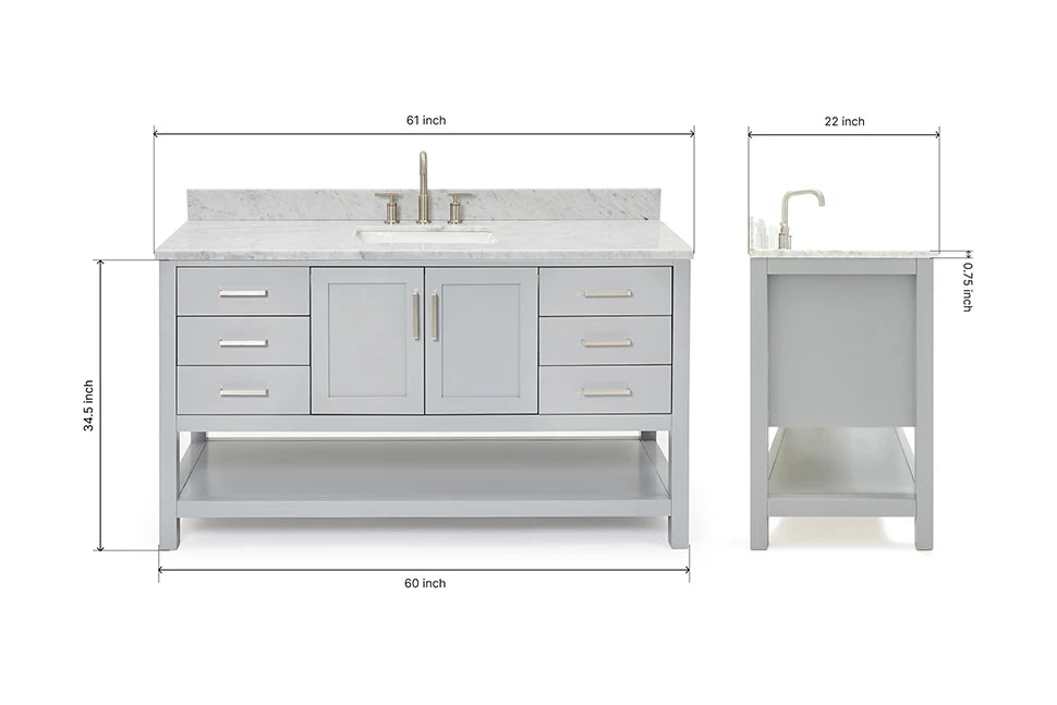 Ariel magnolia 61 in. rectangle sink vanity with 0.75 in. carrara white marble countertop in white