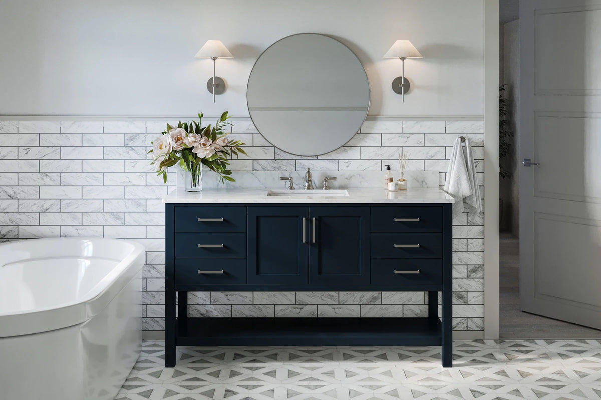 Ariel magnolia 61 in. rectangle sink vanity with 0.75 in. carrara white marble countertop in white