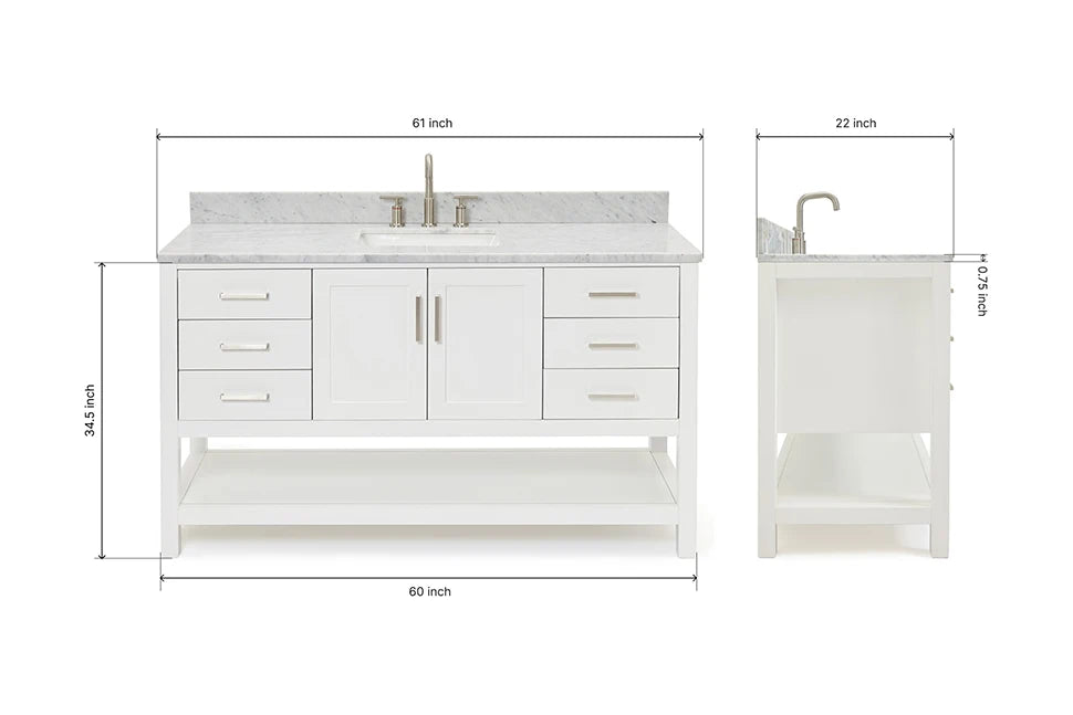 Ariel magnolia 61 in. rectangle sink vanity with 0.75 in. carrara white marble countertop in white