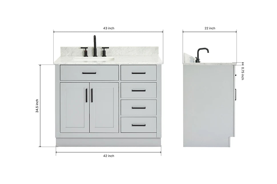 Ariel hepburn 42-43 in. left offset rectangle sink vanity with 0.75-1.5 inch with countertop