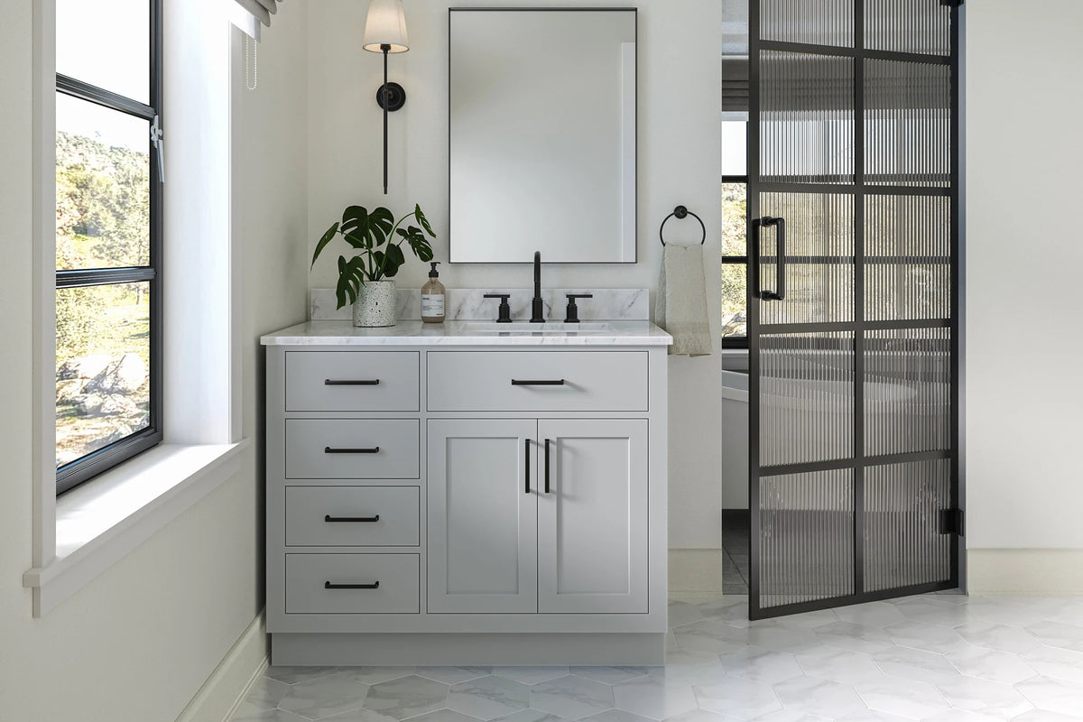 Ariel hepburn 43 in. right offset rectangle sink vanity with 0.75 in. carrara white countertop in white