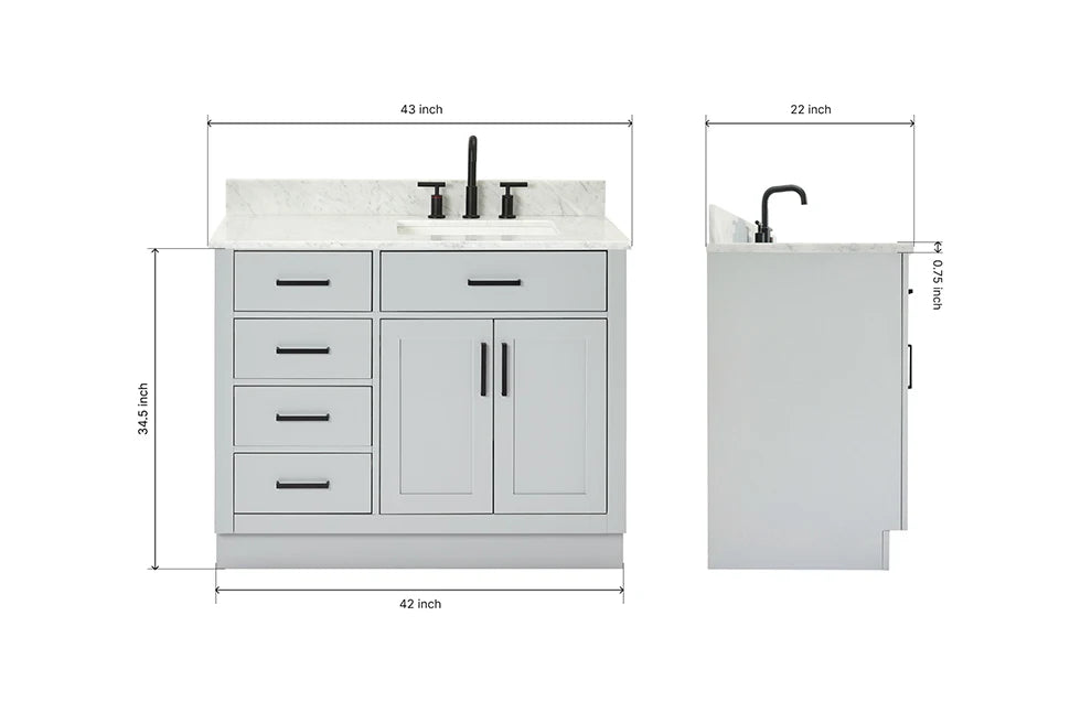 Ariel hepburn 43 in. right offset rectangle sink vanity with 0.75 in. carrara white countertop in white