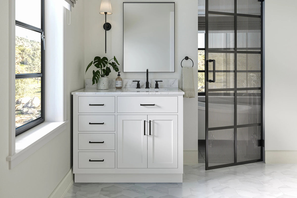 Ariel hepburn 43 in. right offset rectangle sink vanity with 0.75 in. carrara white countertop in white