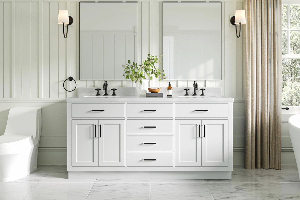 Ariel hepburn 73 in. double rectangle sink vanity with white quartz countertop in white