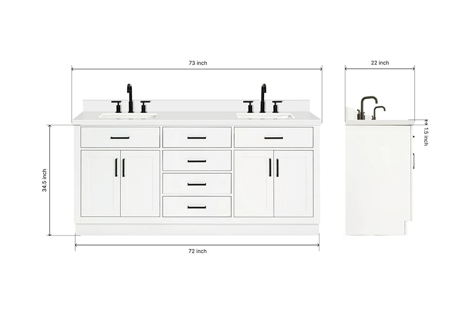 Ariel hepburn 73 in. double rectangle sink vanity with white quartz countertop in white